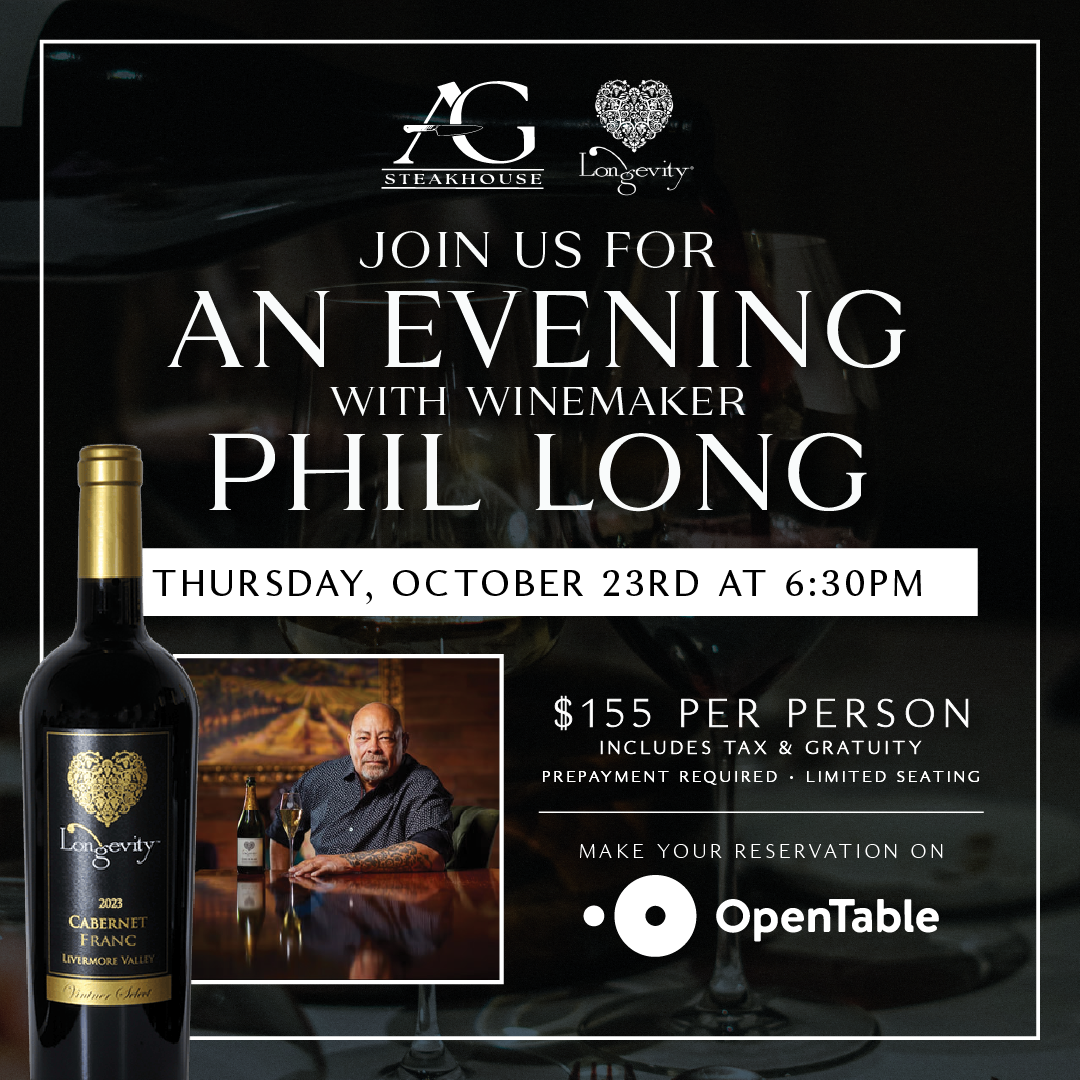 Join us at AG Steakhouse for an exclusive wine dinner with winemaker Phil Long of Longevity Wines.